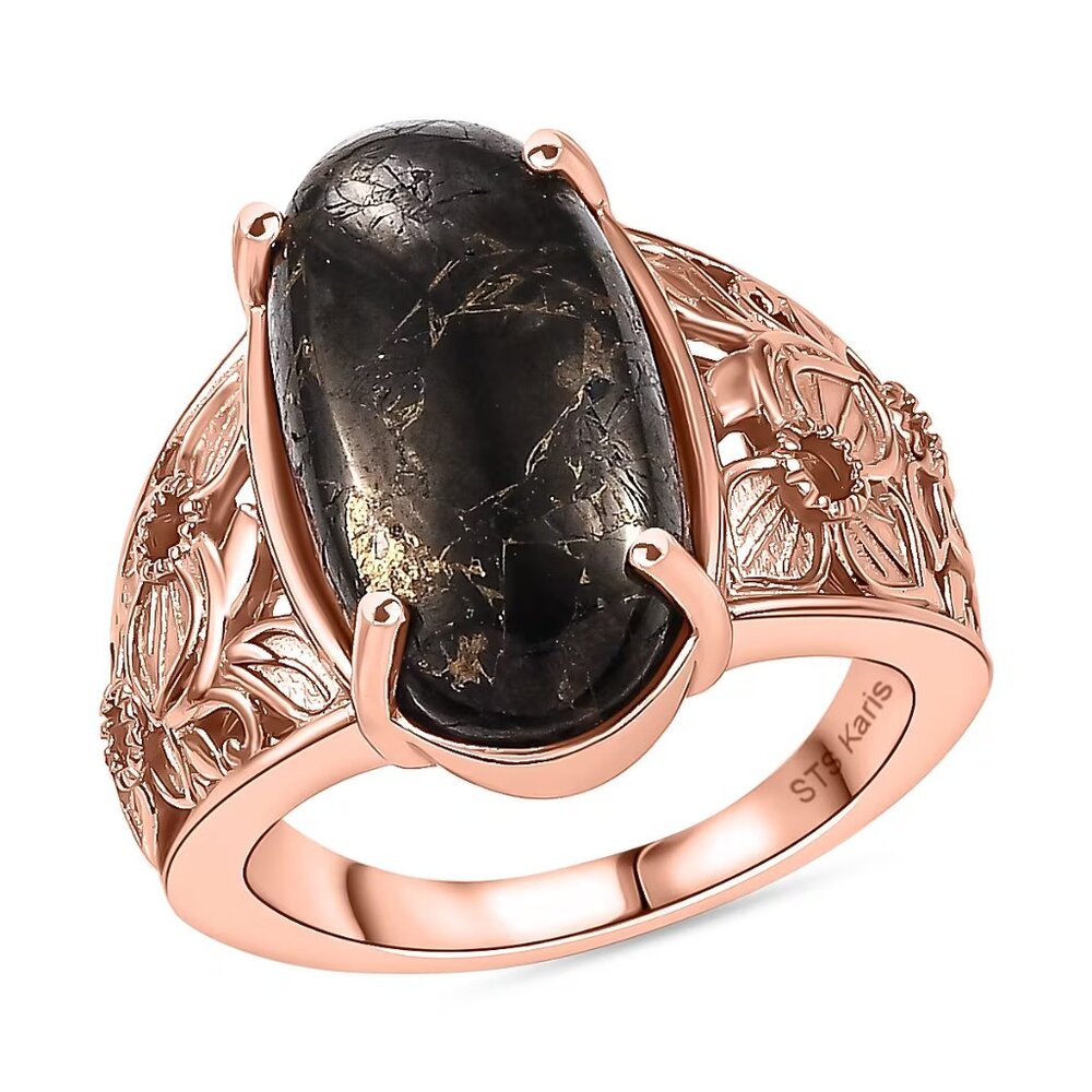 Matrix Silver Shungite Flower Design Ring in 18K RG Plating -  Size 8